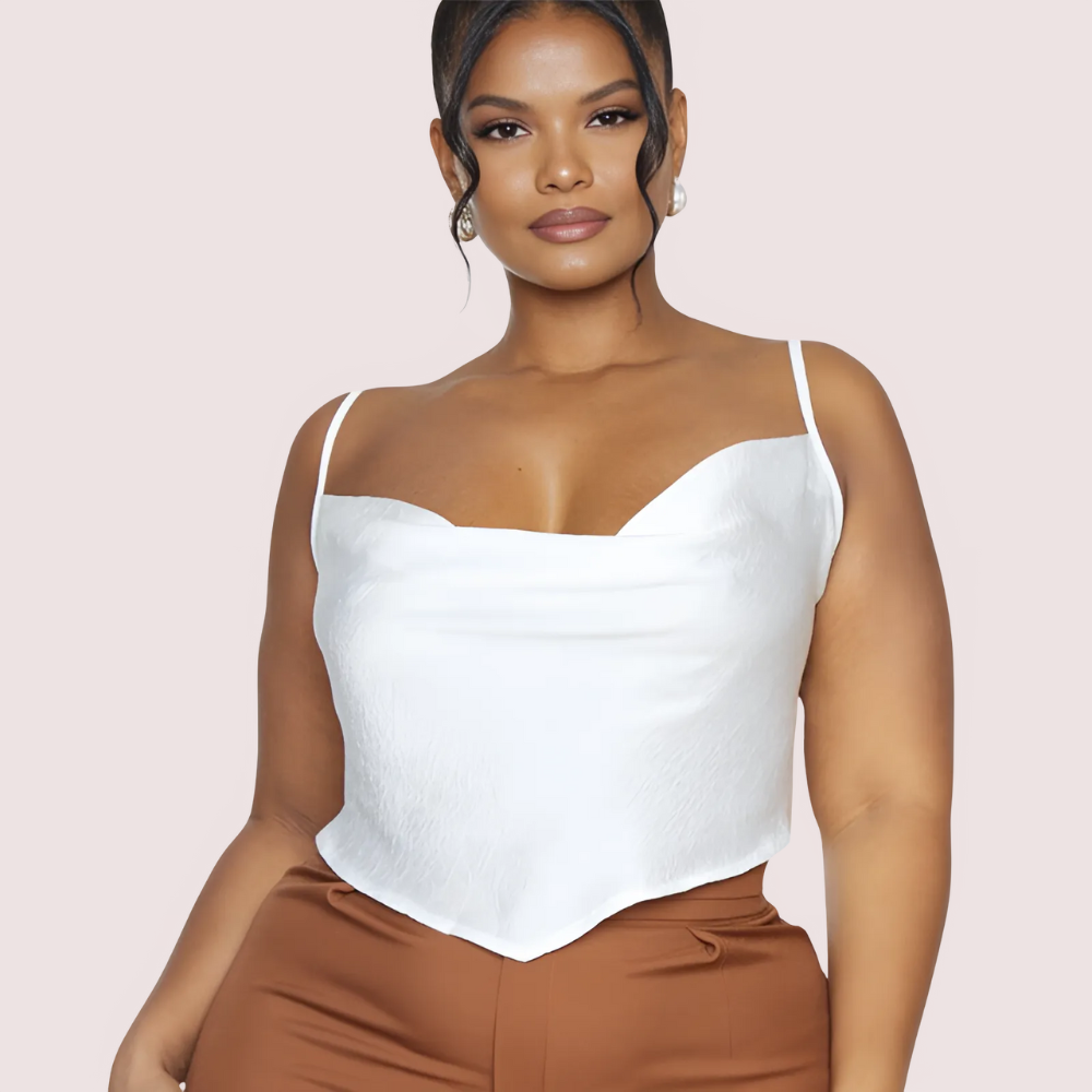 Plus Size White Satin Cropped Cowl Neck Cami Top