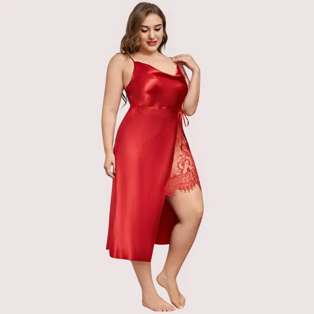Plus Size Lace Trim Sleep Dress with Cowl Neck