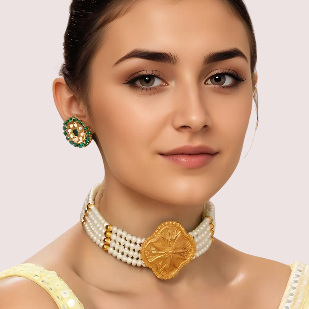 Royal Blossom Pearl Necklace with Ornate Floral Gold Pendant by LADYLUSTRA