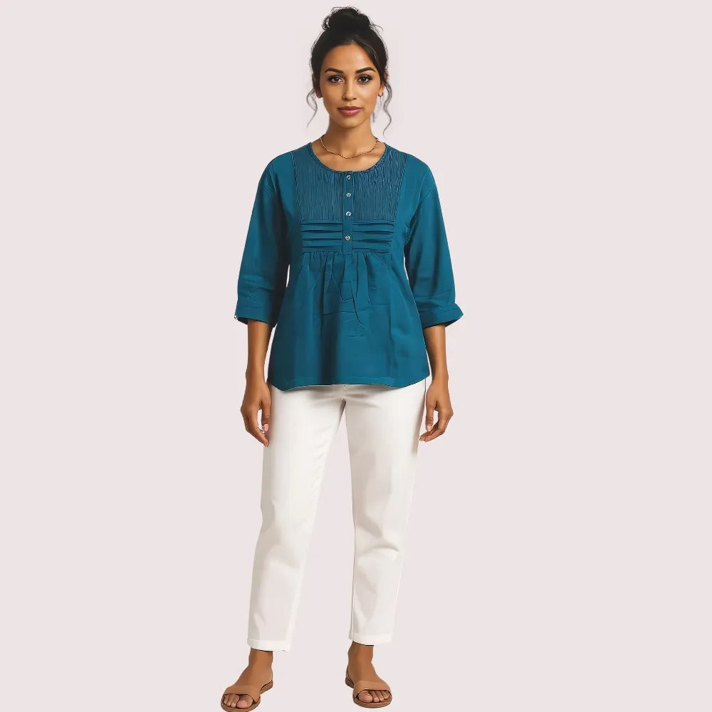 Teal Pintuck Detail Cotton Tunic Top by LADYLUSTRA