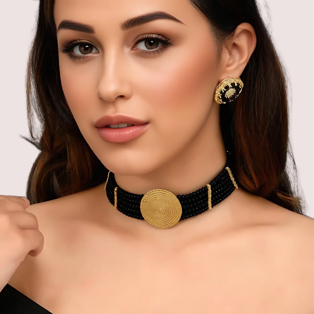 Timeless Grace Black Beaded Necklace with Gold Mandala Pendant by LADYLUSTRA