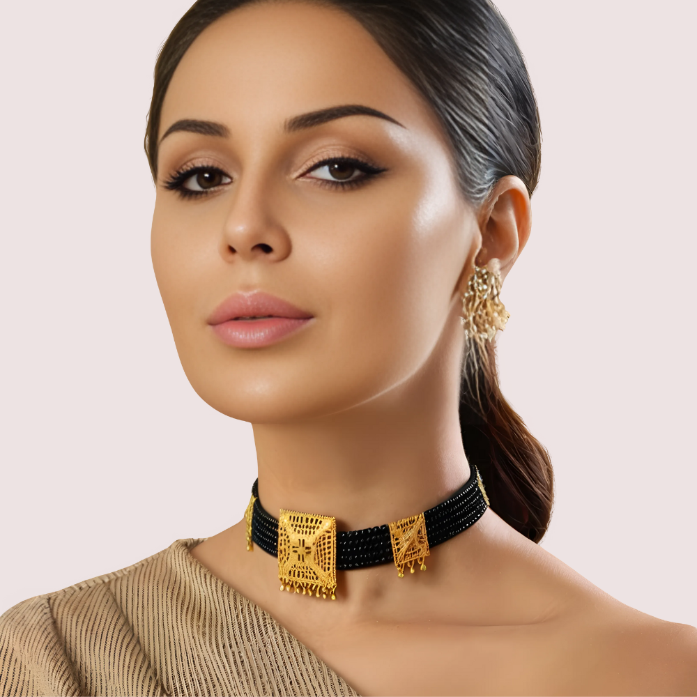 Traditional Gold-Plated Black Beaded Necklace with Square Pendant Design by LADYLUSTRA