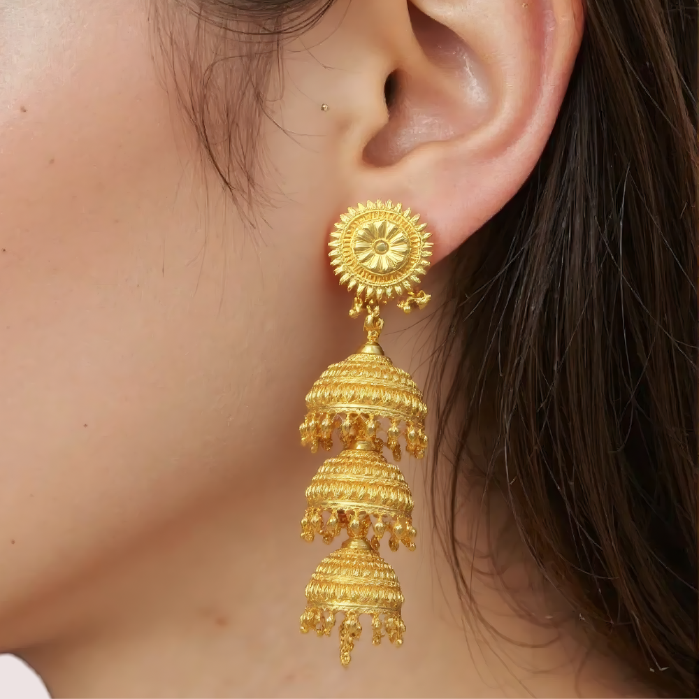Triple-Tiered Gold Jhumka Earrings by LADYLUSTRA