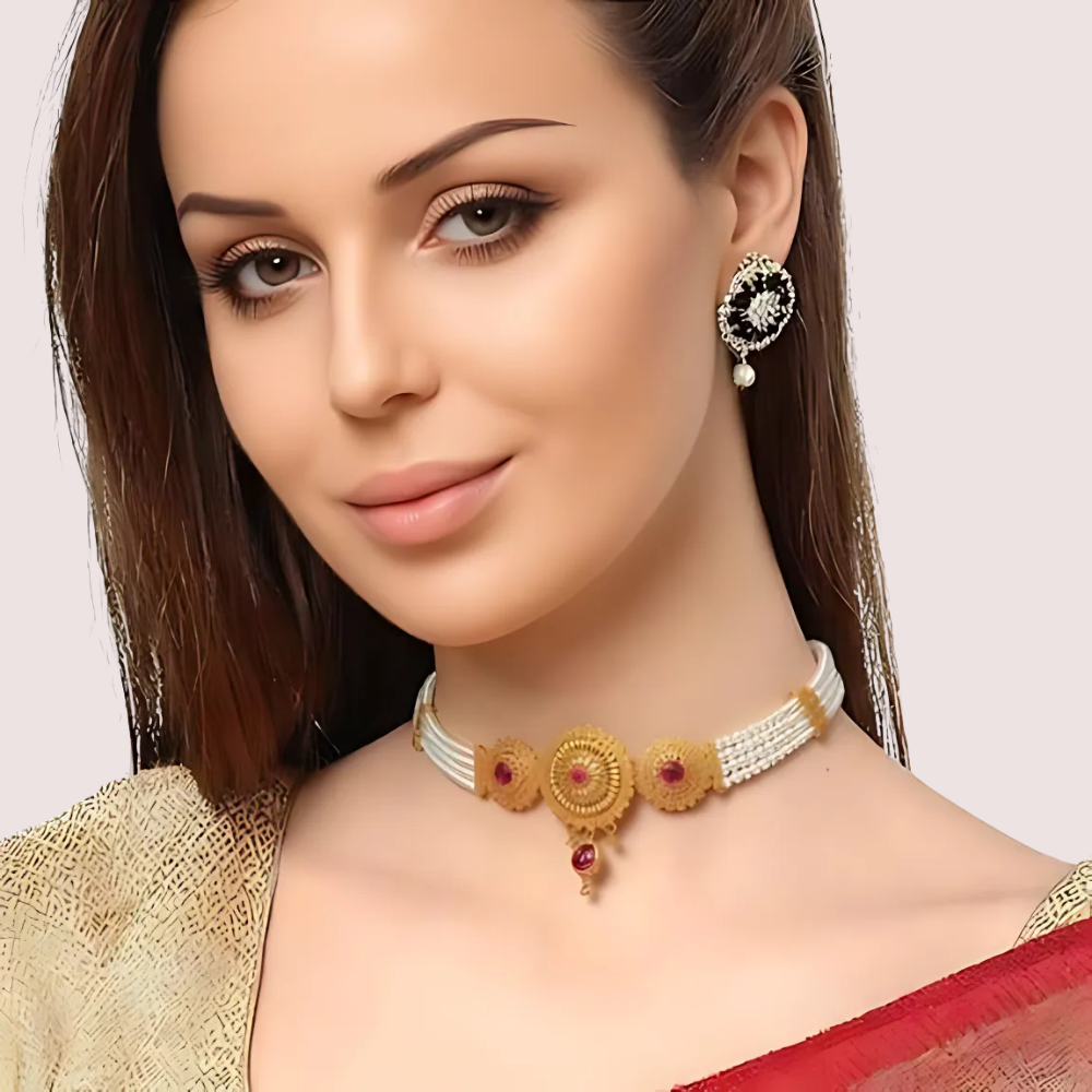 Royal Ruby Pearl Choker Necklace with Antique Gold Detailing by LADYLUSTRA