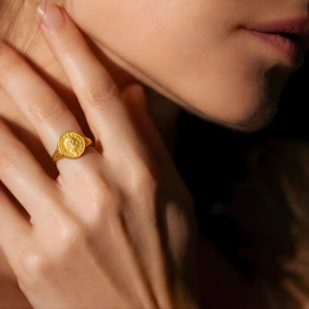 Classic Coin Design Gold Finish Statement Ring for Women by LADYLUSTRA