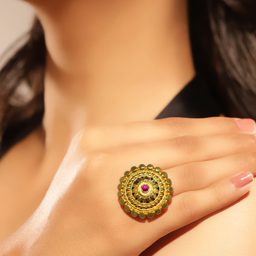 Traditional Gold-Plated Statement Ring with Red Stone by LADYLUSTRA