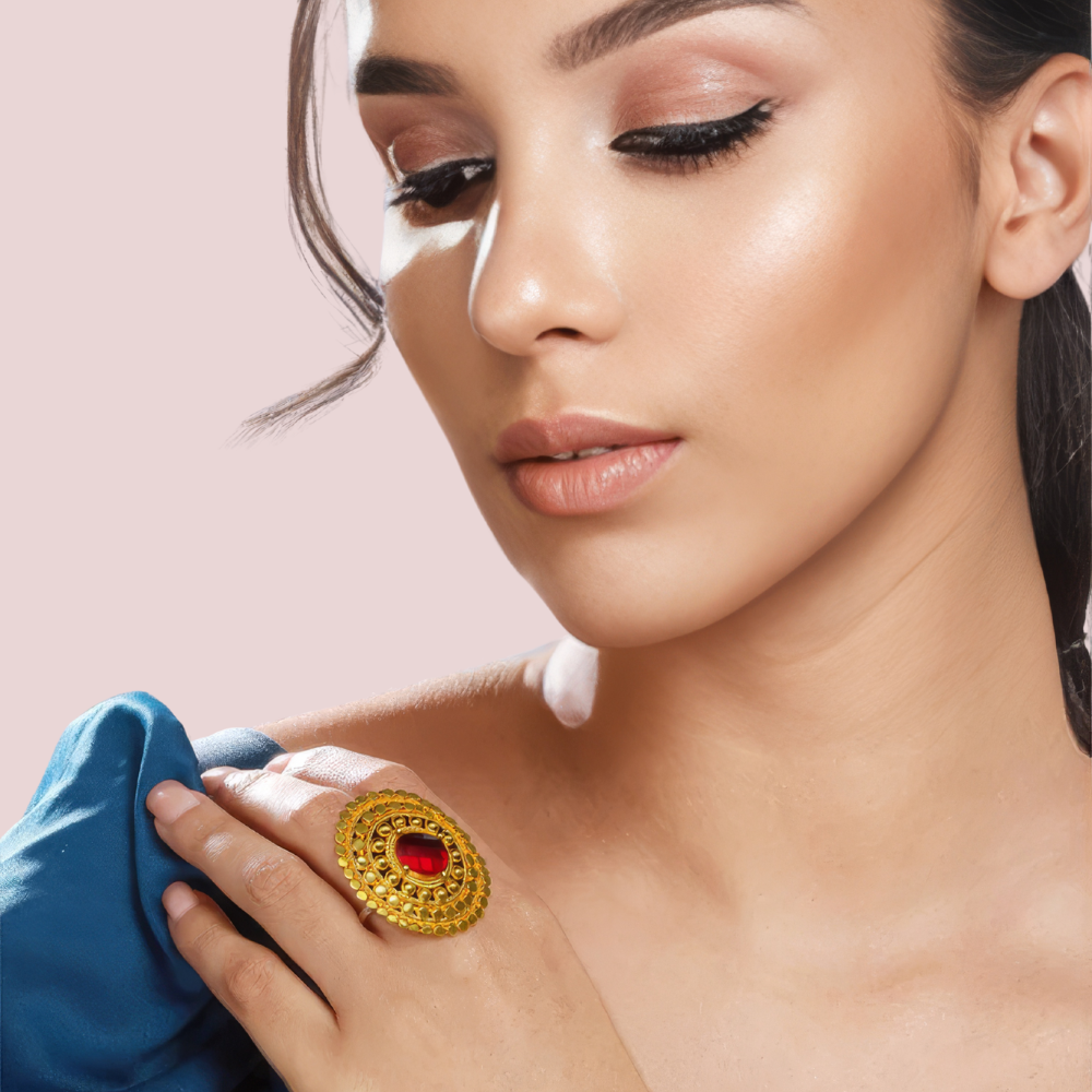 Elegant Gold-Plated Statement Ring with Red Gemstone by LADYLUSTRA