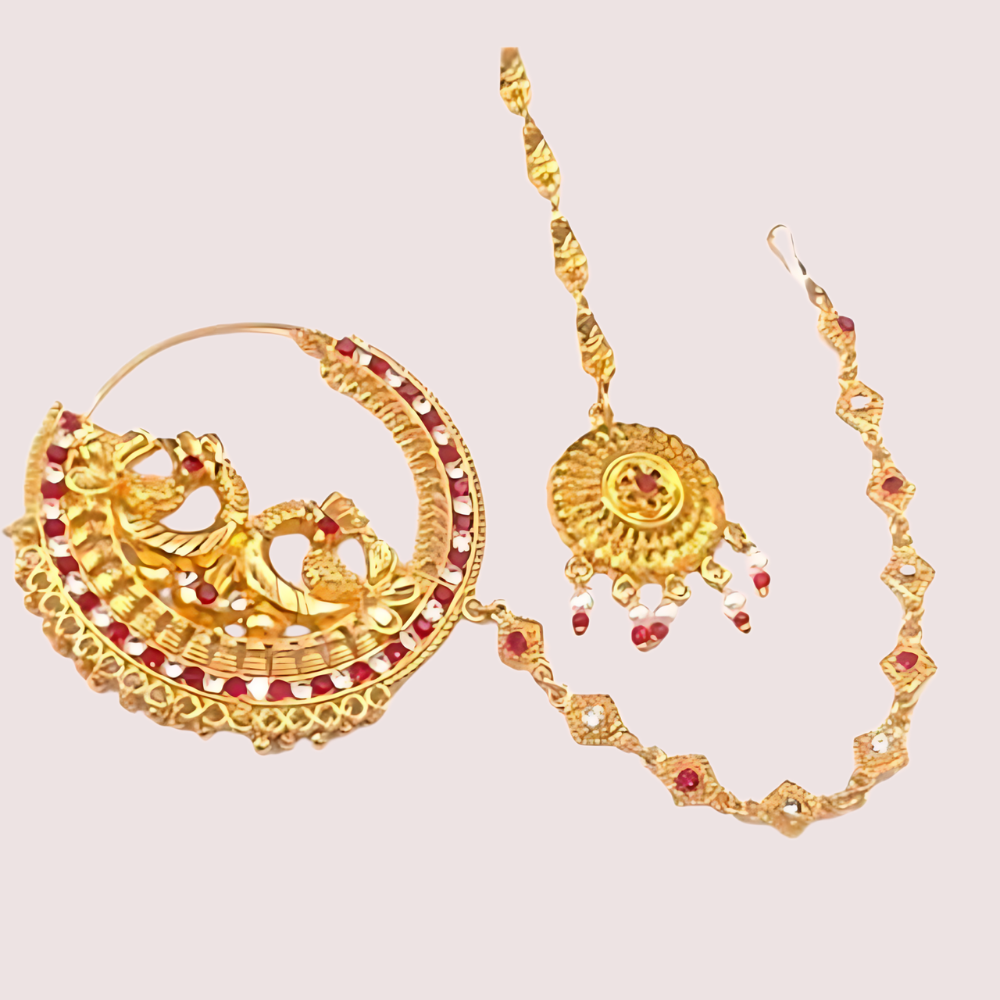 Garhwali Gold Plated Bridal Nose Ring with Chain by LADYLUSTRA