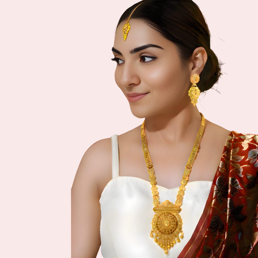 Traditional Temple Gold Necklace Set with Pendant, Earrings & Maang Tikka by LADYLUSTRA