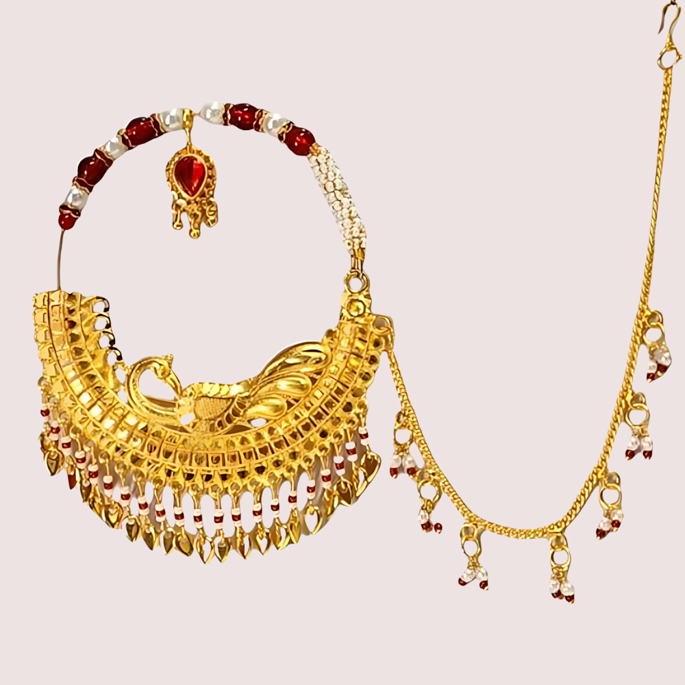 Regal Gold-Plated Bridal Nath with Elegant Chain by LADYLUSTRA