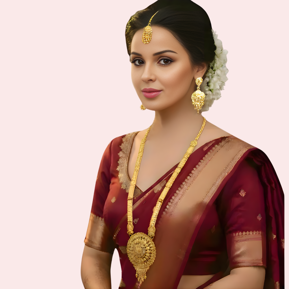 Bridal Heritage Gold Long Necklace Set with Earrings & Maang Tikka by LADYLUSTRA