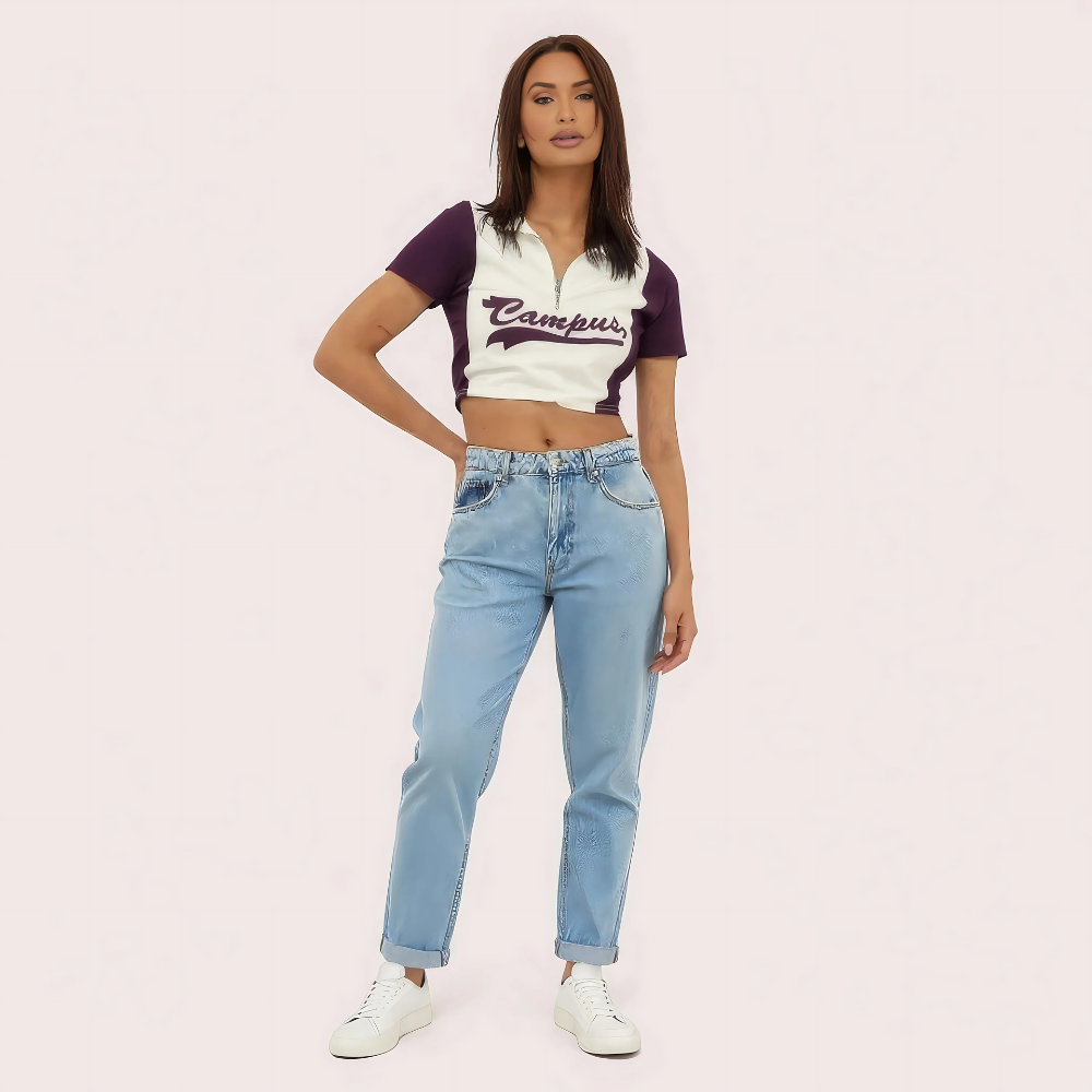 Women's Purple "Campus" Zip Polo Crop Top – Collegiate-Inspired Style by LADYLUSTRA