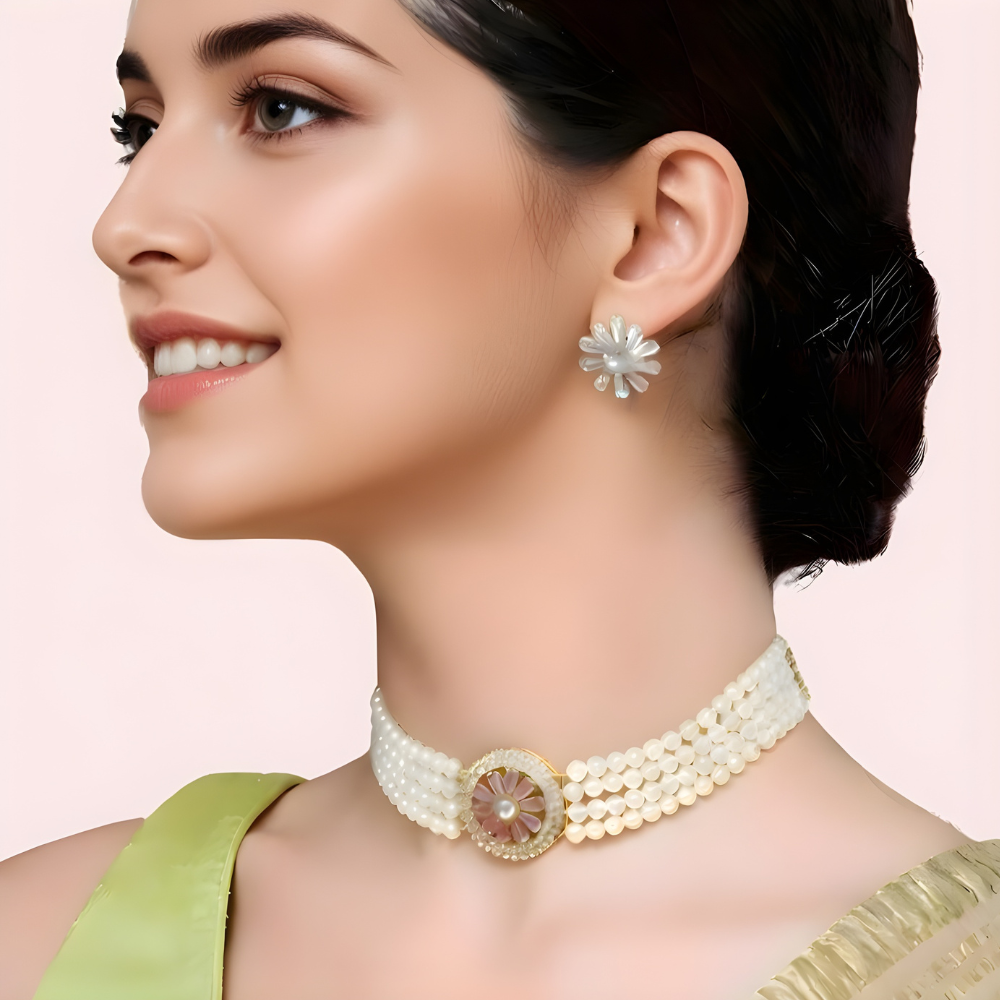 Floral Pearl Choker Necklace & Stud Earrings Set by LADYLUSTRA
