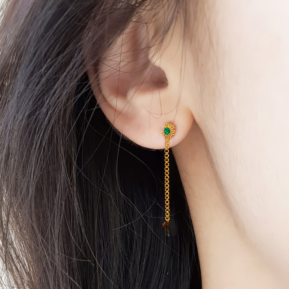 Emerald Gleam Minimal Drop Chain Earrings by LADYLUSTRA