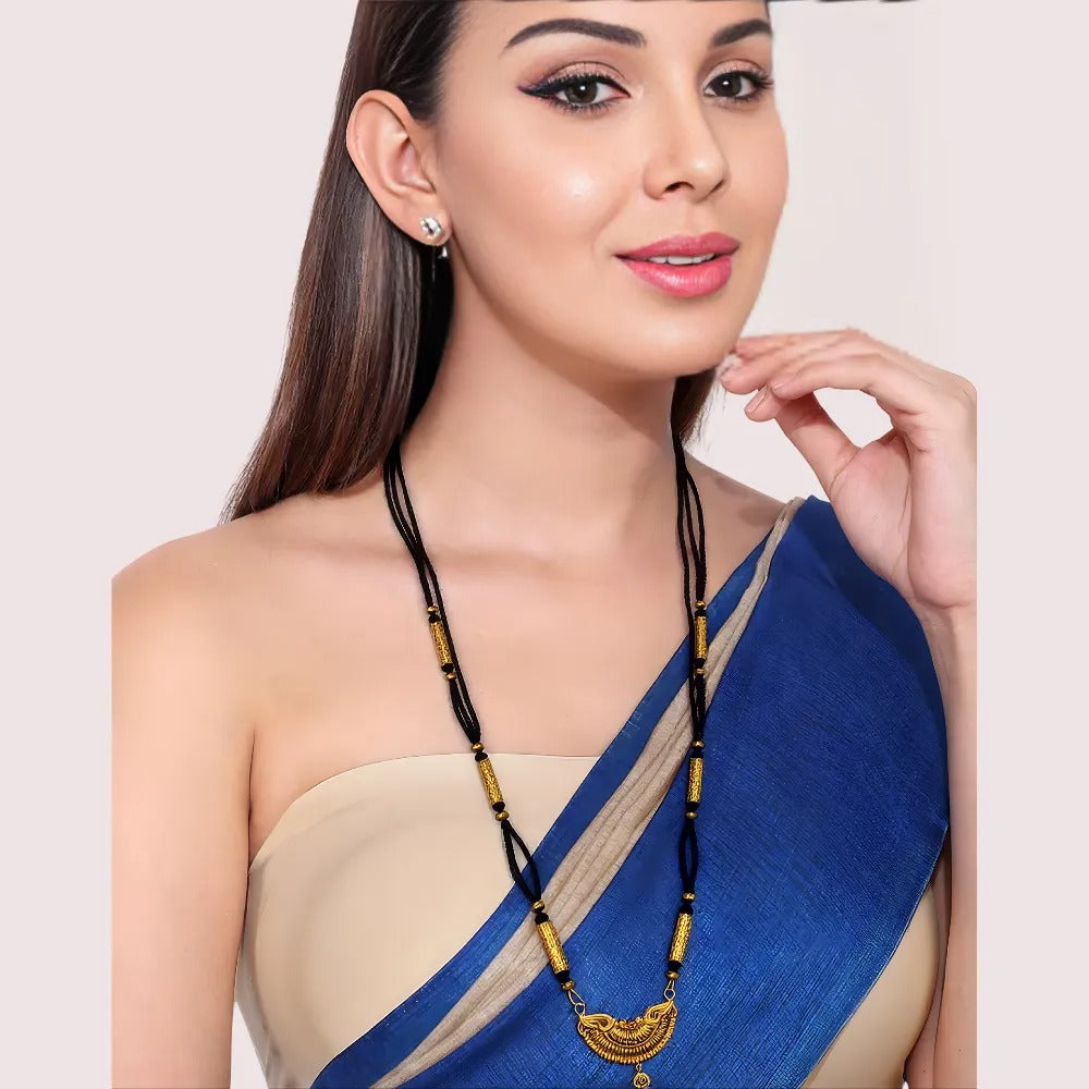 Traditional Crescent Pendant Long Mangalsutra with Gold-Toned Beads by LADYLUSTRA