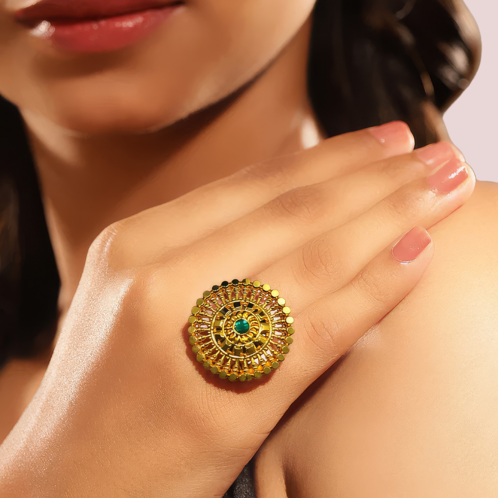 Traditional Gold-Plated Circular Statement Ring with Green Stone by LADYLUSTRA