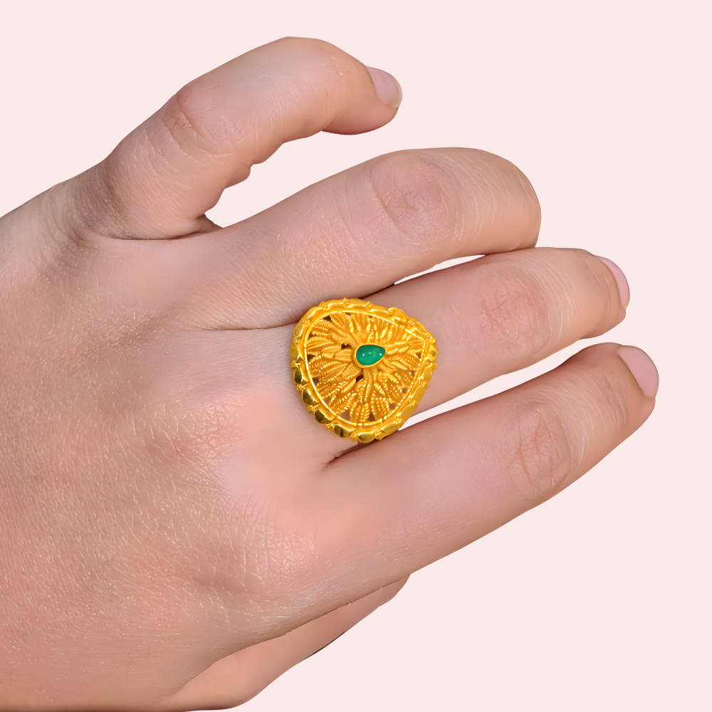 Traditional Sunburst Gold Finish Ring with Green Center Stone by LADYLUSTRA