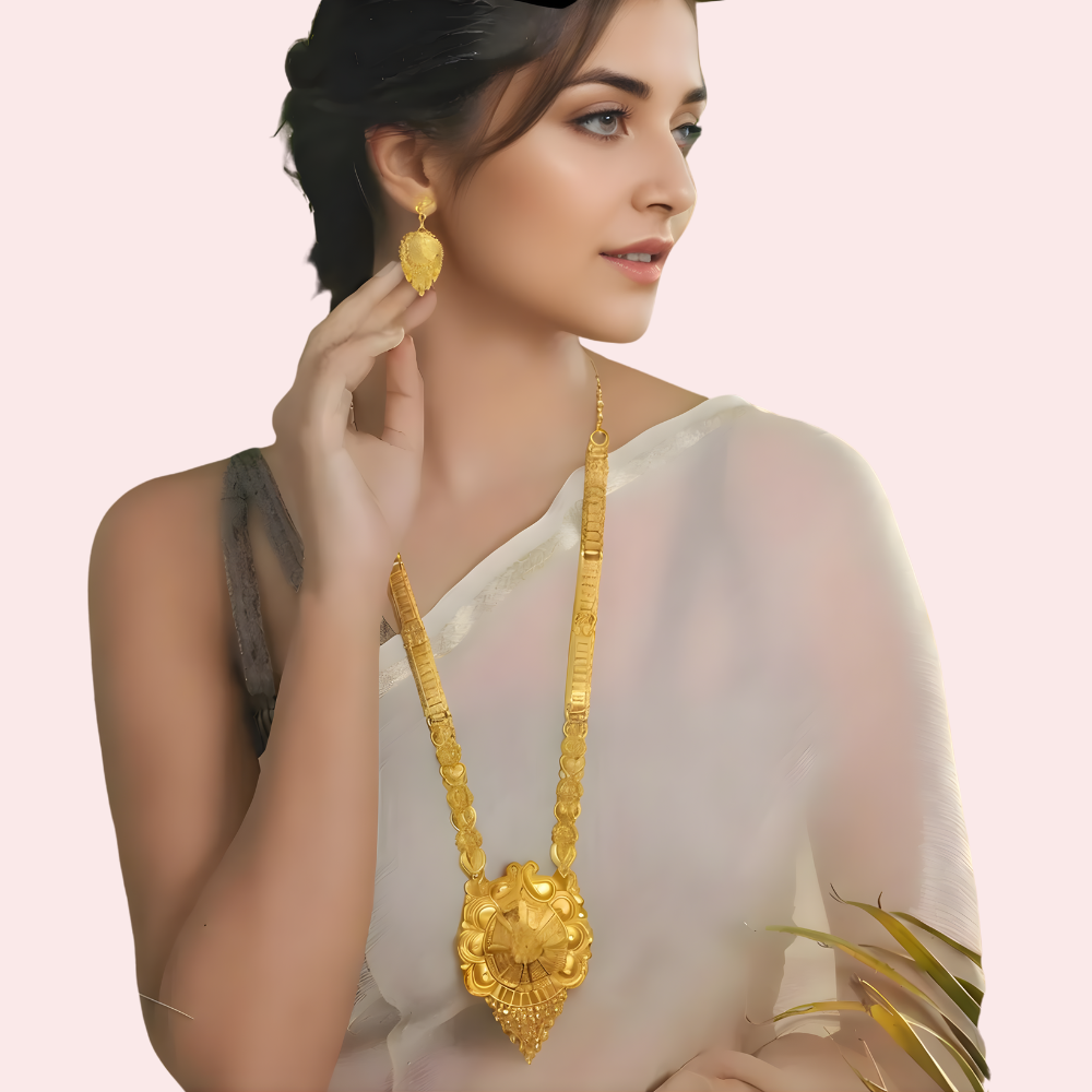Classic Bridal Gold Long Necklace Set with Pendant, Earrings & Maang Tikka by LADYLUSTRA
