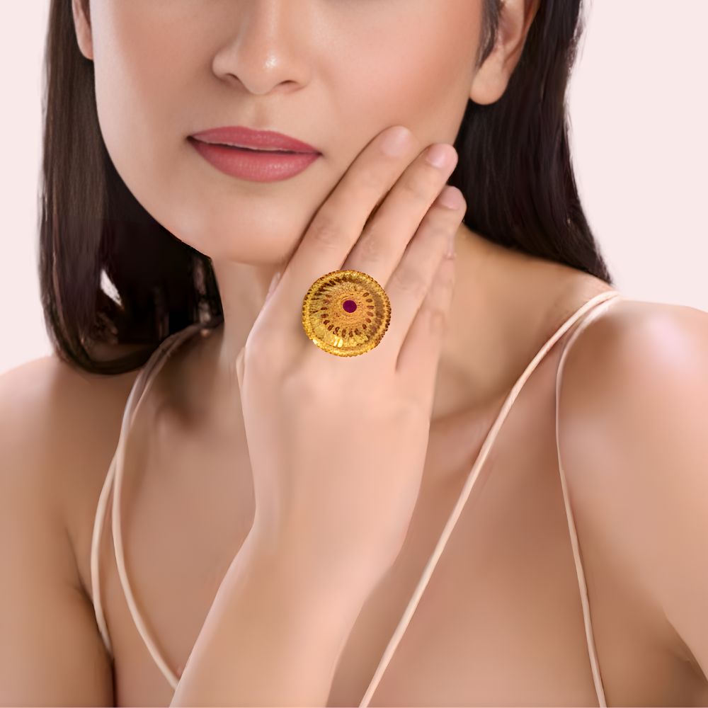 Ethnic Floral Medallion Gold-Tone Ring with Center Accent by LADYLUSTRA