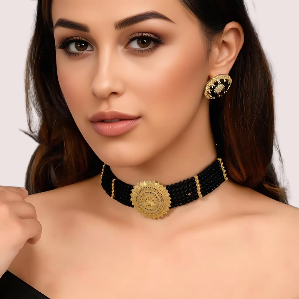Midnight Majesty Black Beaded Necklace with Ornate Gold Floral Medallion by LADYLUSTRA