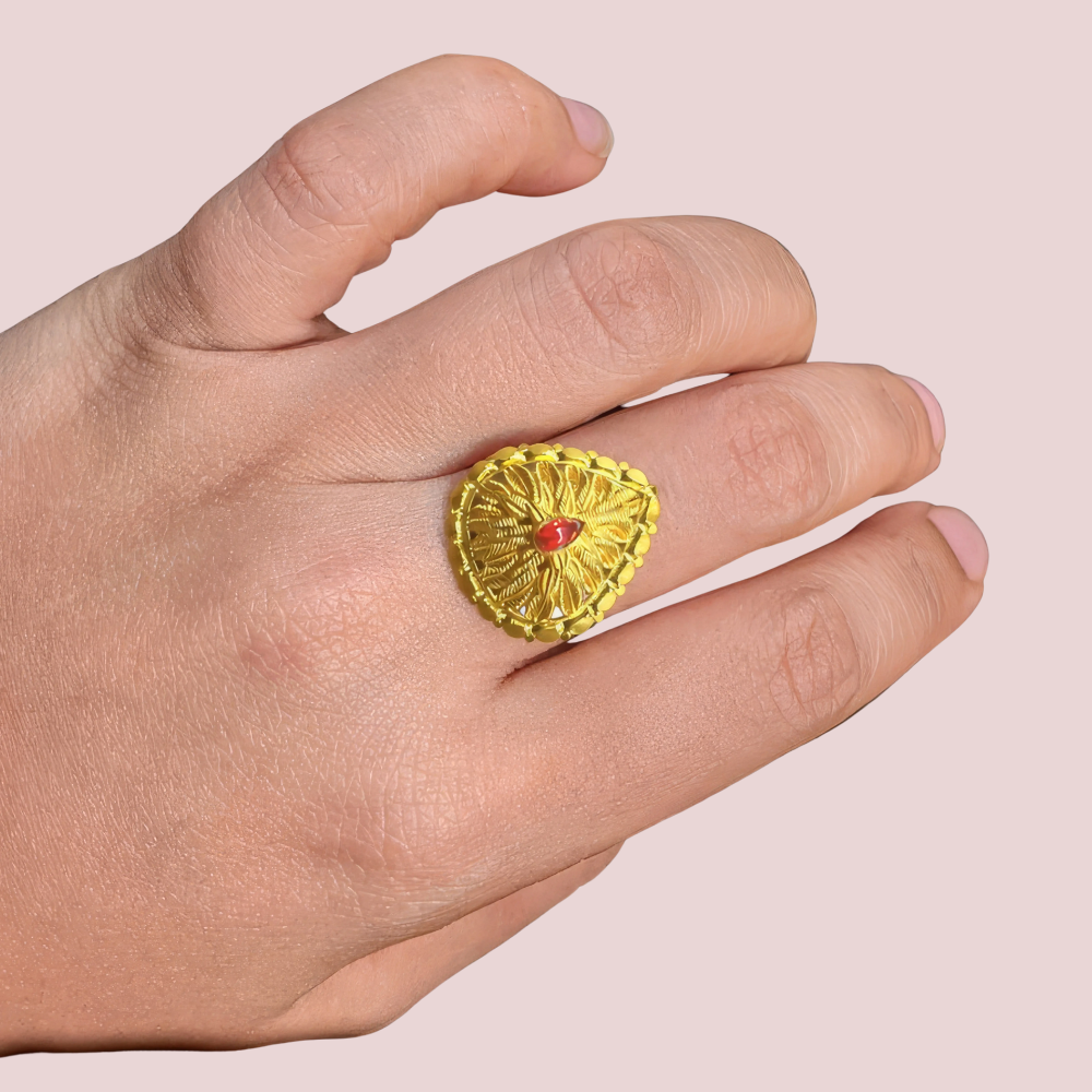 Golden Teardrop Ring with Red Accent by LADYLUSTRA