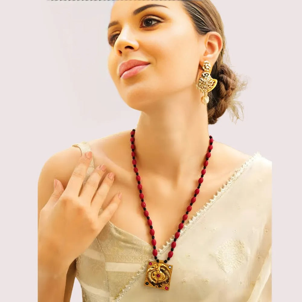 Royal Red Beaded Temple Pendant Necklace by LADYLUSTRA