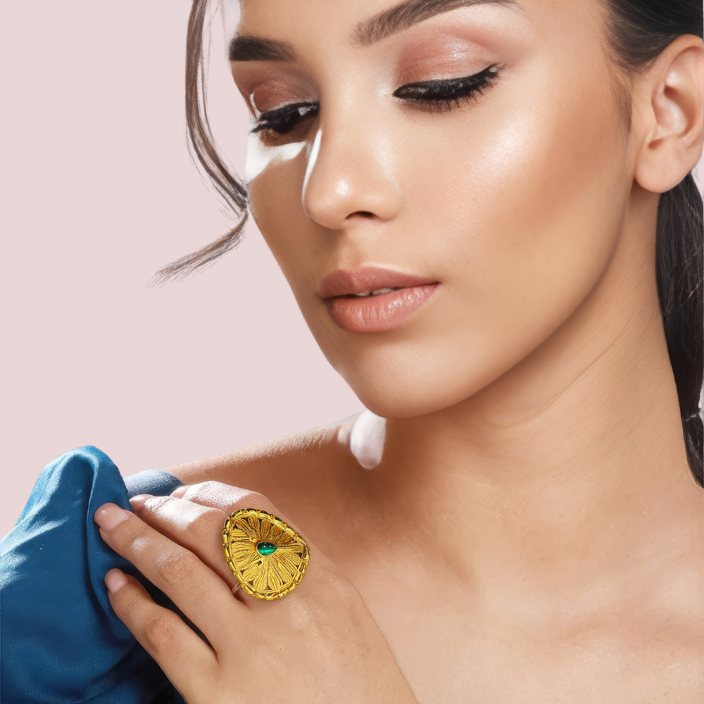 Gold-Plated Sunburst Ring with Green Gemstone by LADYLUSTRA