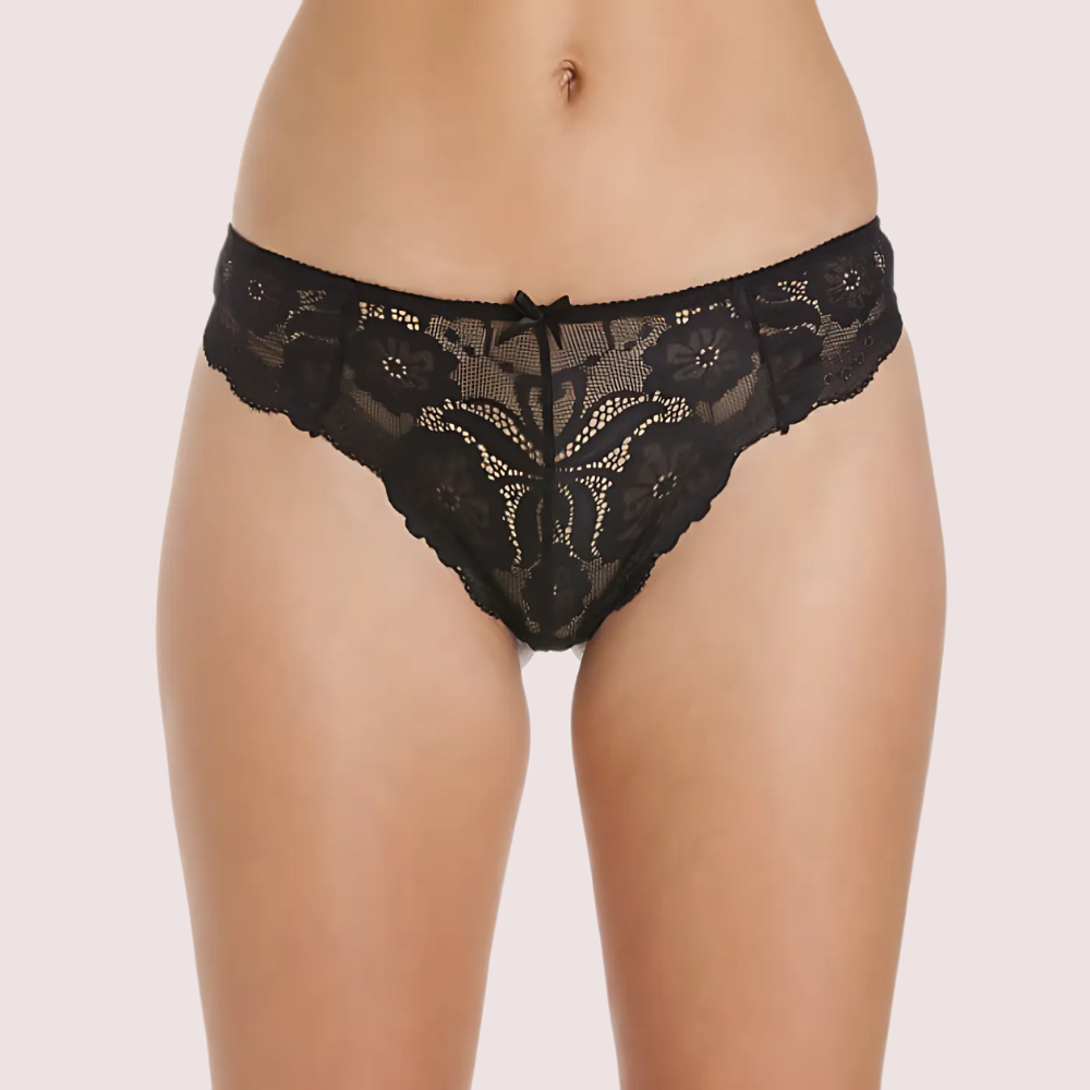 Female Black Floral Transparent Lace High Waist Thong by LADYLUSTRA