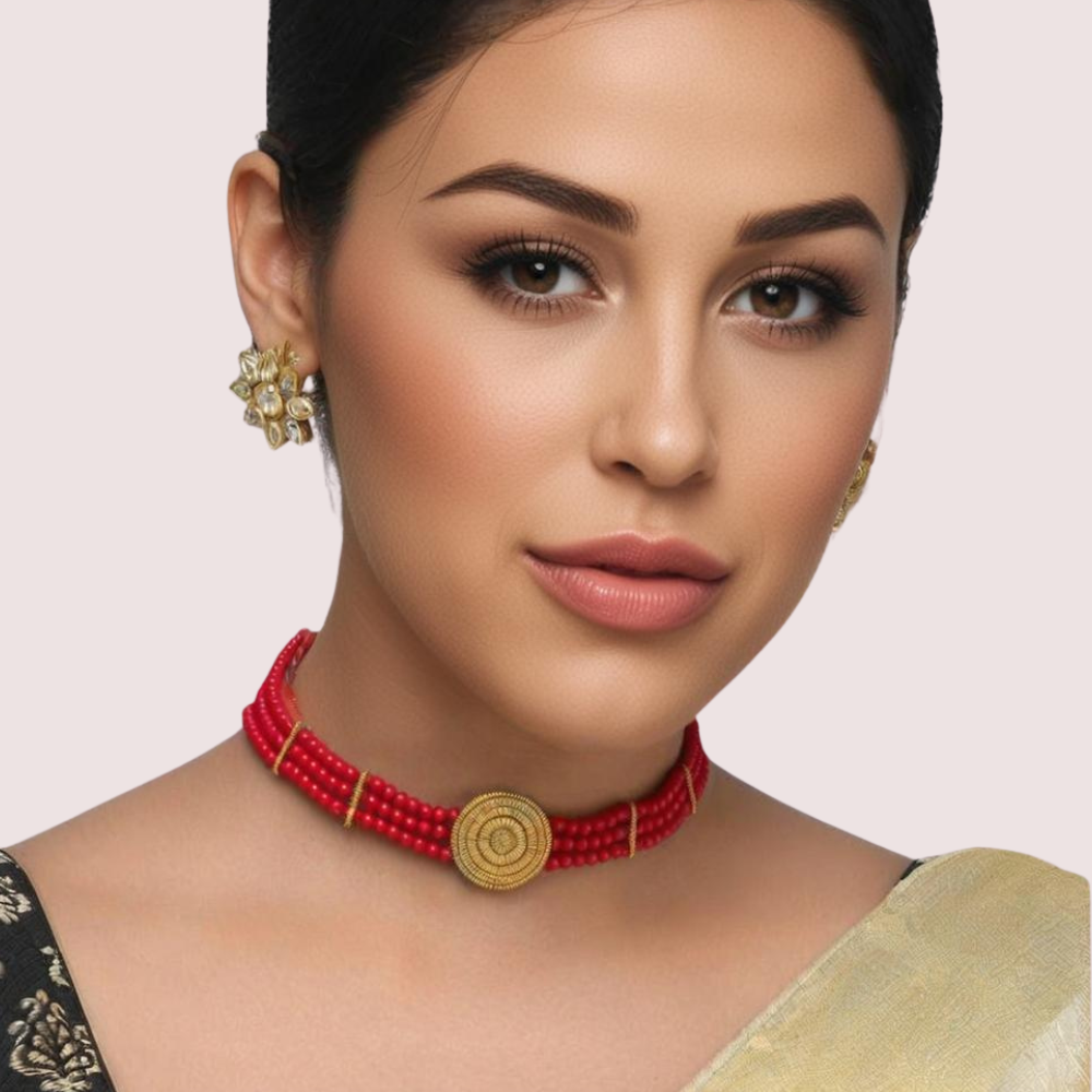Bold Elegance Red Beaded Necklace with Ornate Gold Medallion by LADYLUSTRA