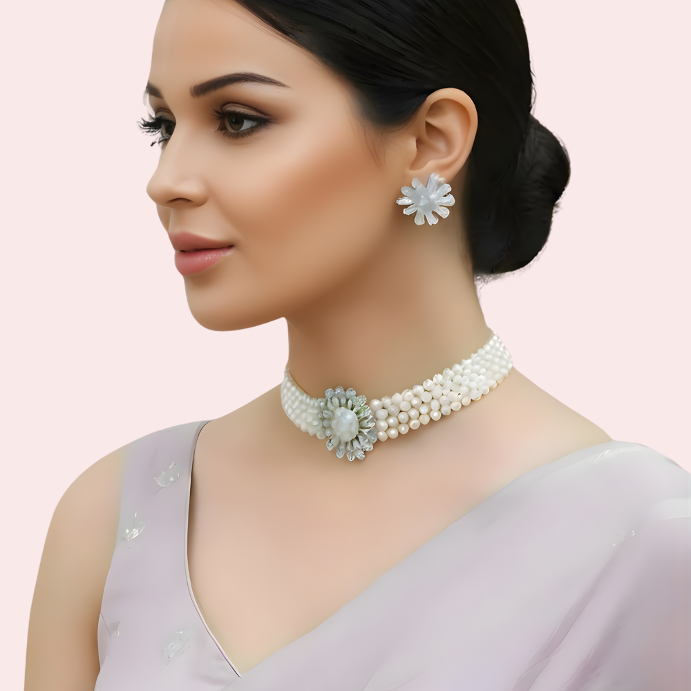 Classic White Pearl Choker Necklace & Floral Earrings Set by LADYLUSTRA