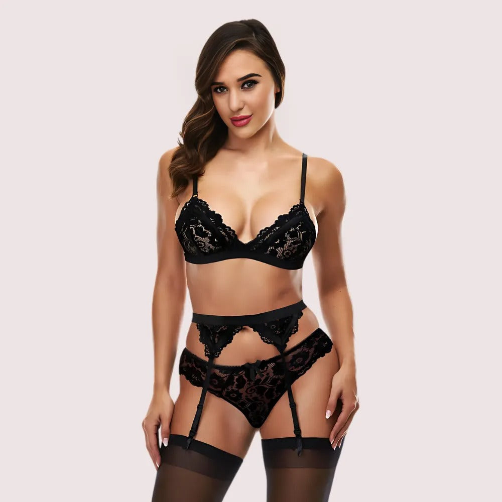 Crimson Whisper Lace Bra & Garter Set lingerie by LadyLustra