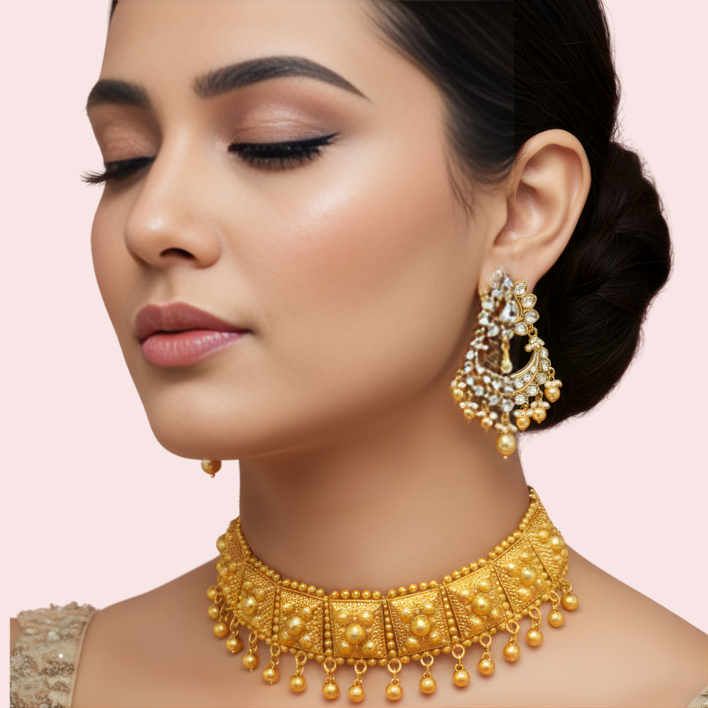 Royal Kundan-Style Gold-Plated Pearl Drop Choker Necklace by LADYLUSTRA