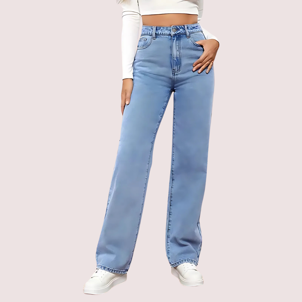 Women's Fashionable Washed High Waist Straight Jeans by LADYLUSTRA