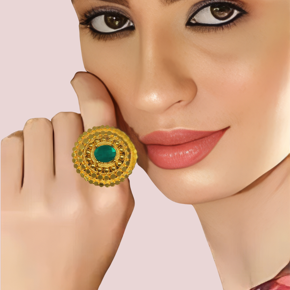Royal Gold-Plated Statement Ring with Green Stone by LADYLUSTRA