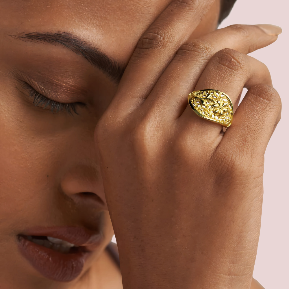 Leaf Motif Gold-Plated Ring with Floral Detailing by LADYLUSTRA