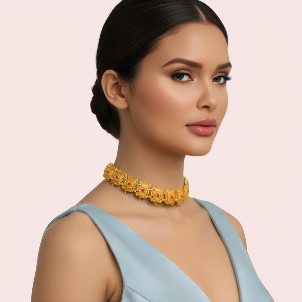 Temple Kundan Square Motif Gold-Plated Choker Necklace by LADYLUSTRA