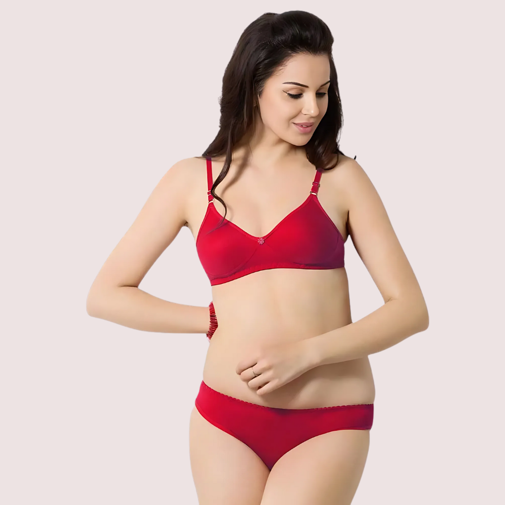 Cute Solid Red Pure Cotton Bra Panty Set by LADYLUSTRA