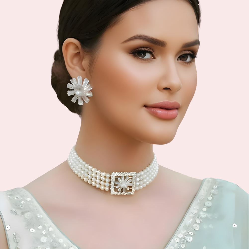 Ivory Pearl Choker Necklace & Floral Statement Earrings Set by LADYLUSTRA
