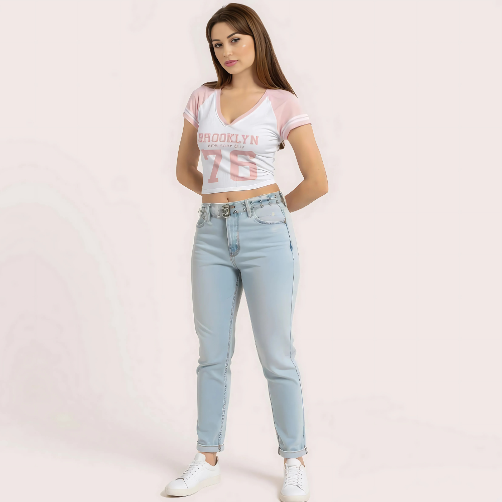 Women's Pink "Brooklyn 76" V-Neck Crop Top – Sporty Graphic Tee by LADYLUSTRA