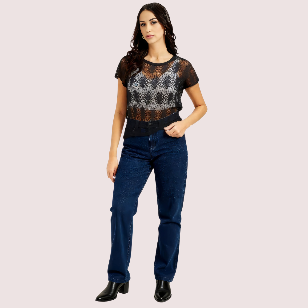Stylish Black Sheer Floral Lace Top for Women by LADYLUSTRA