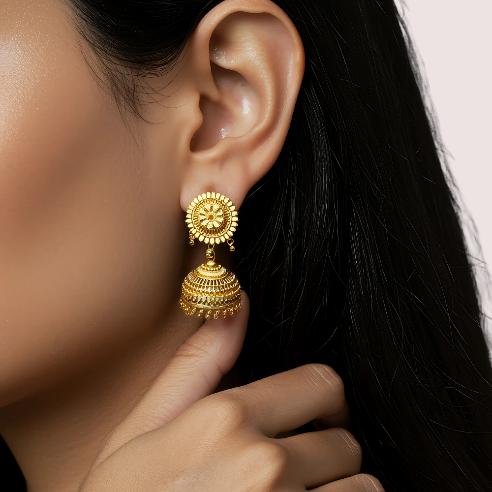Classic Gold Jhumka Earrings with Floral Motif by LADYLUSTRA